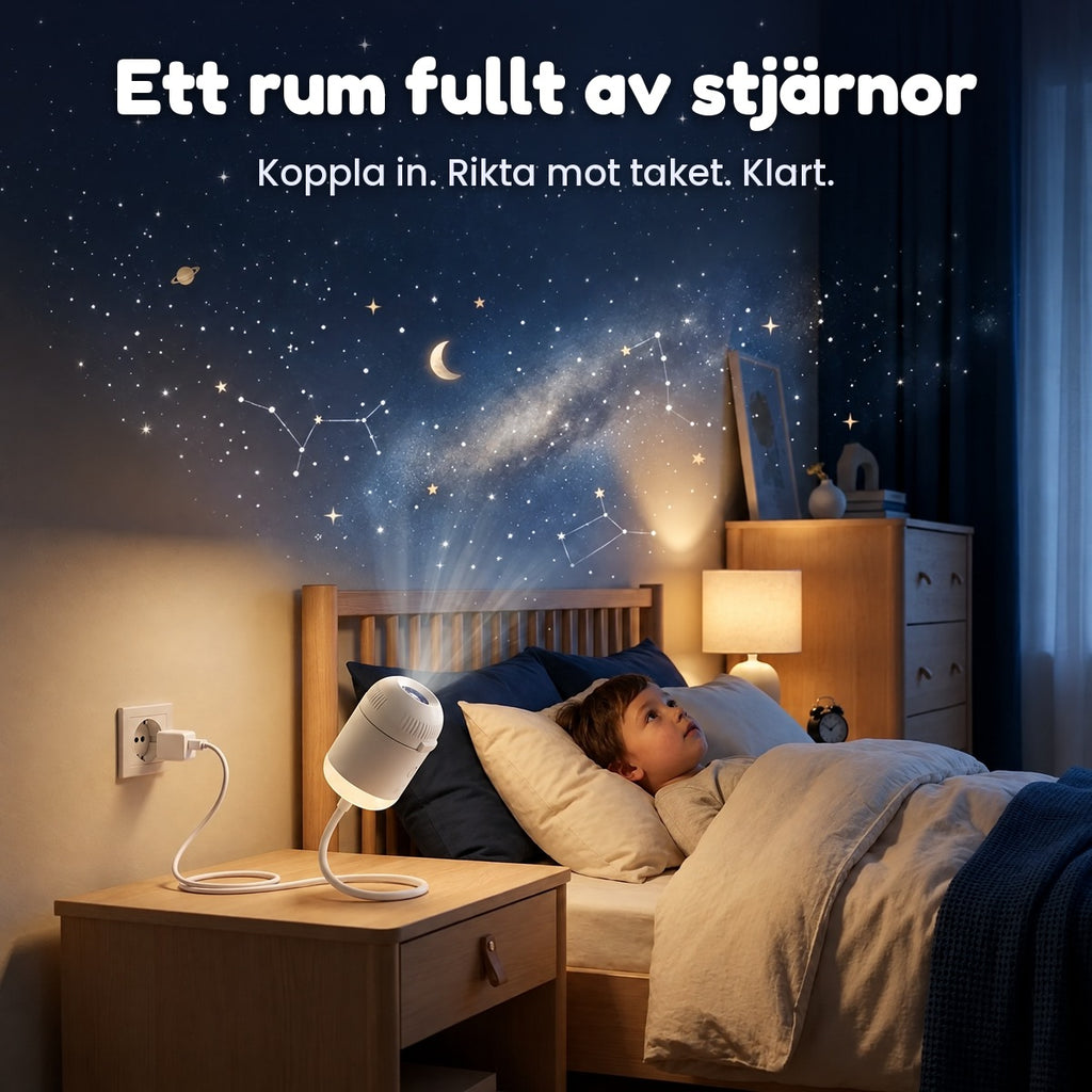 Stjärnprojektor lyser upp barnrummet med en stjärnhimmel