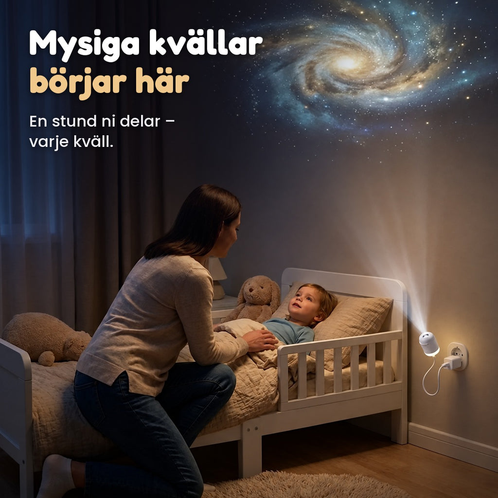 Mamma och barn tittar på galaxen vid läggdags