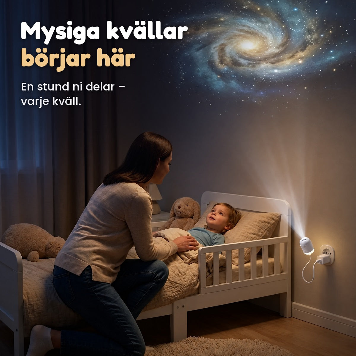 Mamma och barn tittar på galaxen vid läggdags