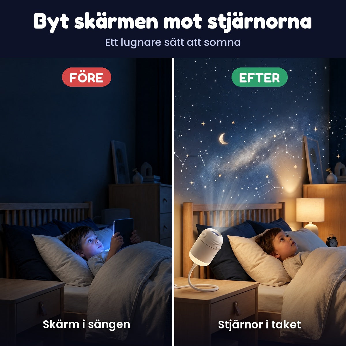 Före och efter: skärm i sängen mot stjärnor i taket